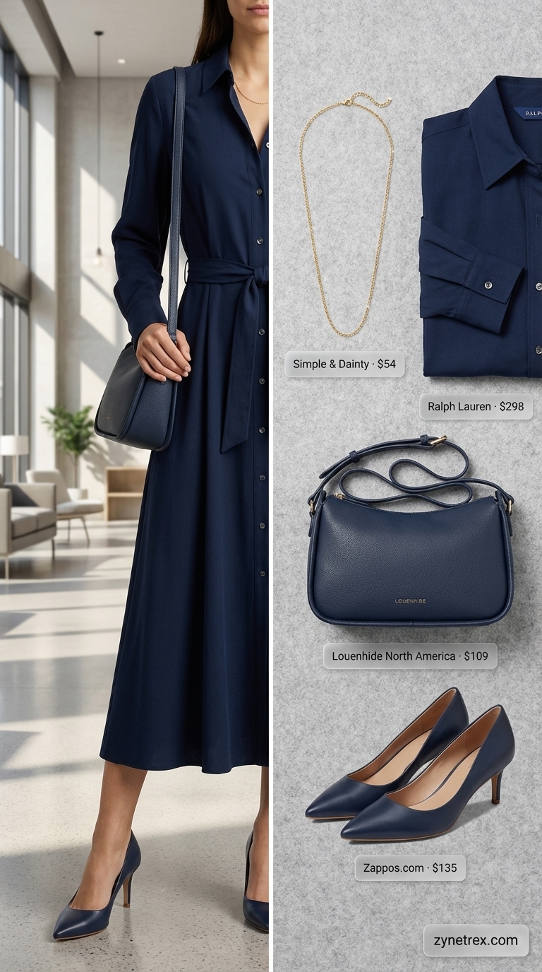 An elegant navy blue tencel blend midi shirt dress, an effortless executive summer office outfit for women 2026, styled with white block heel pumps, a cream shoulder bag, and a gold chain necklace.