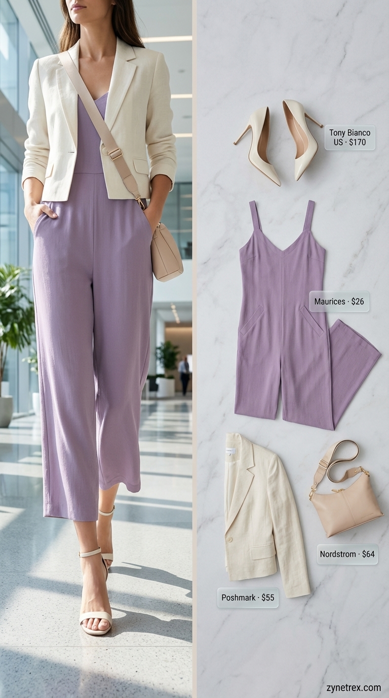 Chic soft lavender crepe wide-leg jumpsuit with a self-tie waist, layered with a white linen blend cropped blazer for a professional summer office outfit for women 2026. Nude pumps and a white bag complete this modern look.
