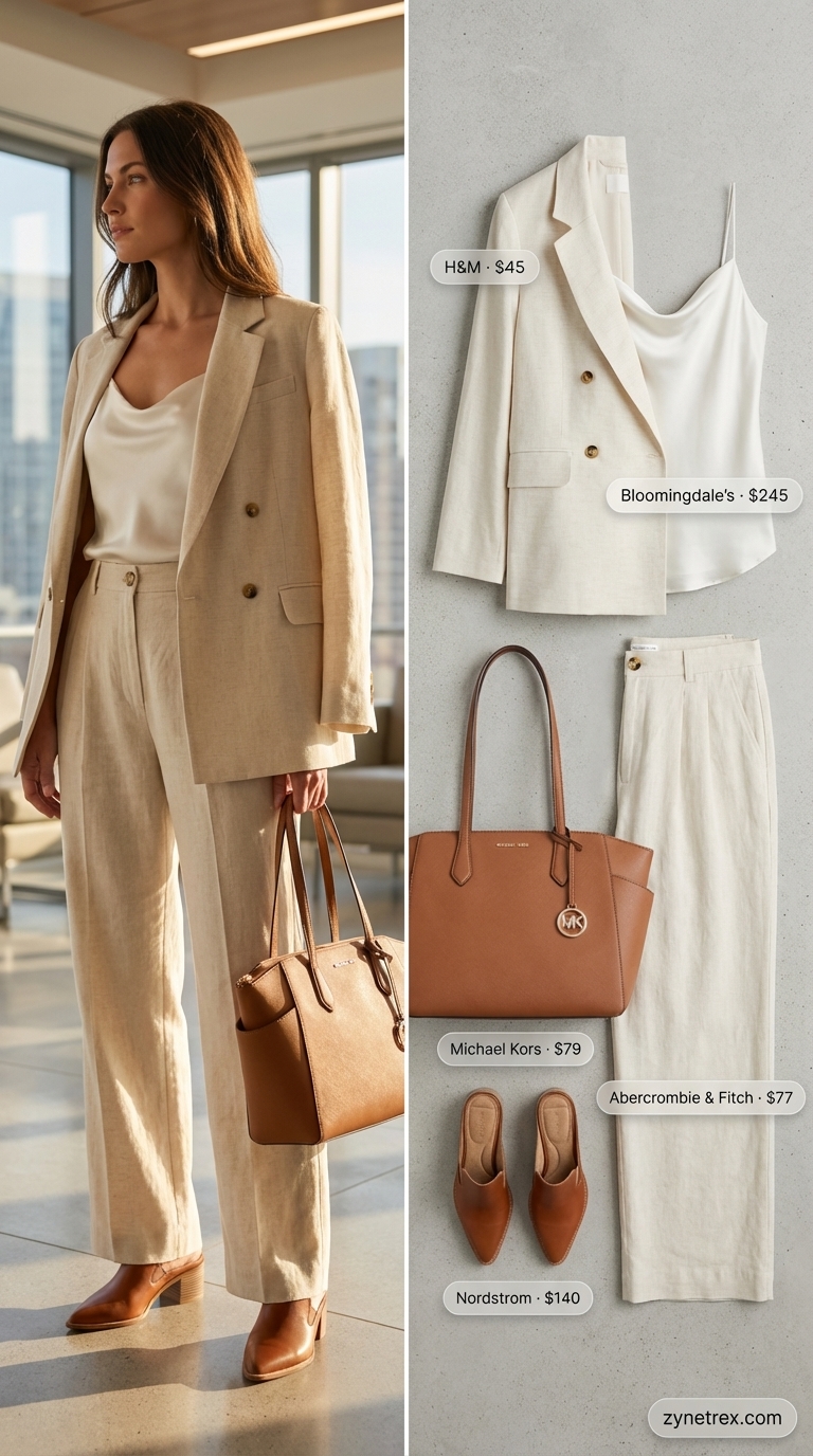 Polished light beige linen blend oversized blazer and wide-leg trousers, with an off-white silk camisole, an ideal summer office outfit for women 2026. Tan mules and a structured tote complete this confident look.