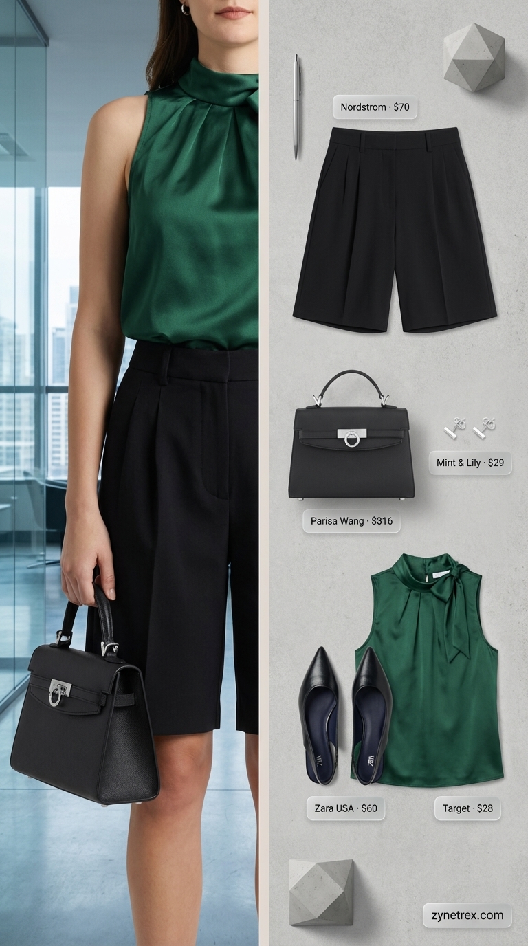 Sophisticated emerald green silk blend sleeveless blouse paired with black tailored Bermuda shorts, a fresh summer office outfit for women 2026. Silver earrings and slingback flats create a stylish look.