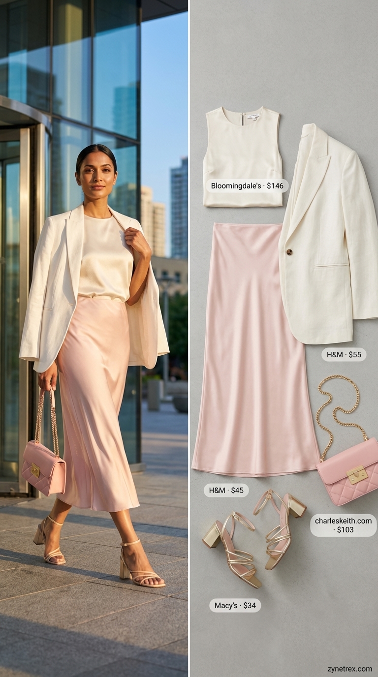 Graceful blush pink maxi skirt and cream silk blouse with a white blazer, perfect for summer office outfits for women 2026. Gold accessories complete this formal work look.