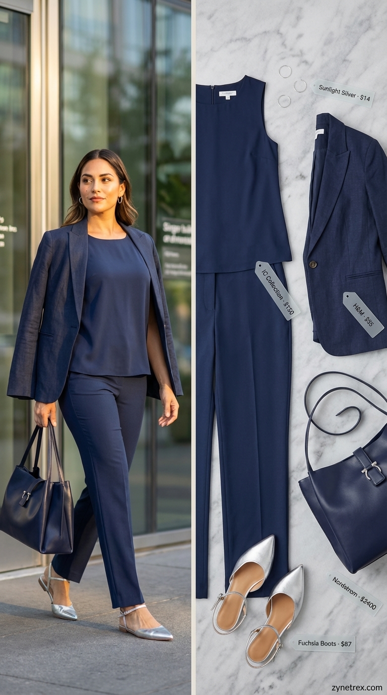 Cohesive and sophisticated summer office outfit for women 2026 featuring a navy crepe sleeveless tailored top and ankle-length trousers, a white linen blend blazer, silver metallic flats, a navy tote bag, and thin silver hoop earrings, suitable for interviews.
