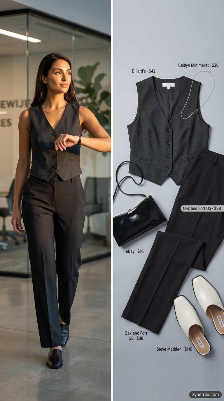 A sophisticated charcoal grey tailored vest and high-waisted trousers form a chic summer office outfit for women 2026, paired with black mules and a silver necklace, perfect for a fashion-forward work event.
