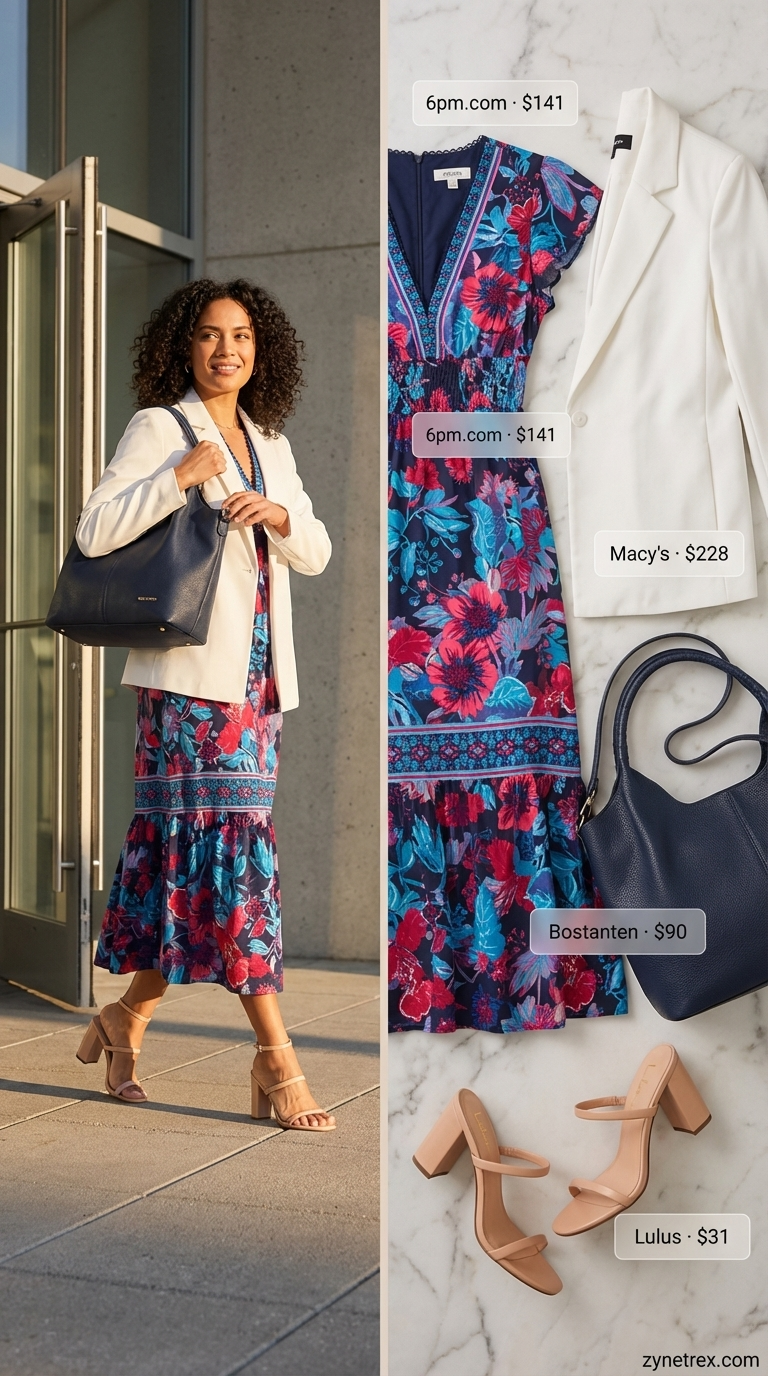 Playful and confident summer office outfit for women 2026 featuring a navy and coral abstract print midi dress, a white crepe blazer, nude block heel sandals, and a structured navy top-handle bag, perfect for client meetings.