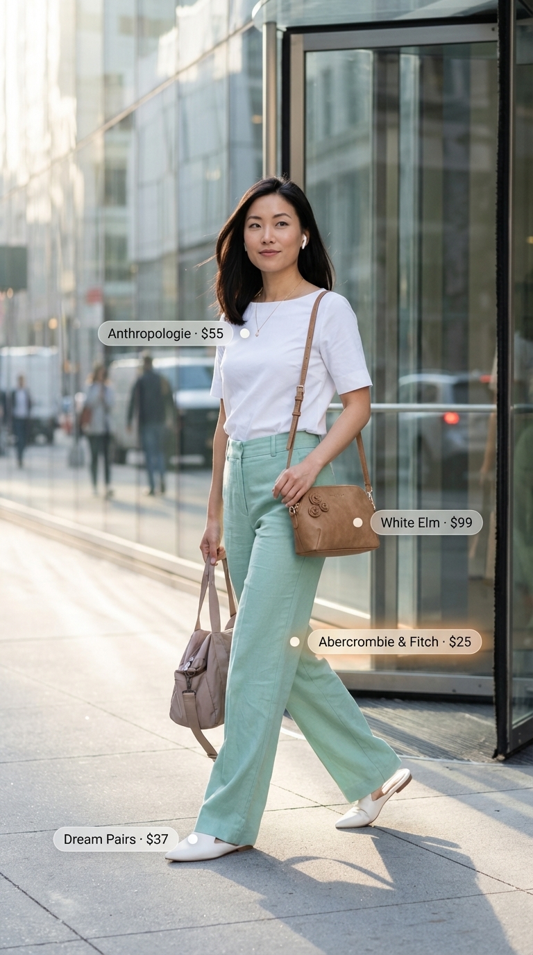 Refined mint green knit sweater and crisp white linen wide-leg trousers, a comfortable summer office outfit for women 2026. Nude mules and gold jewelry complete this light work look.