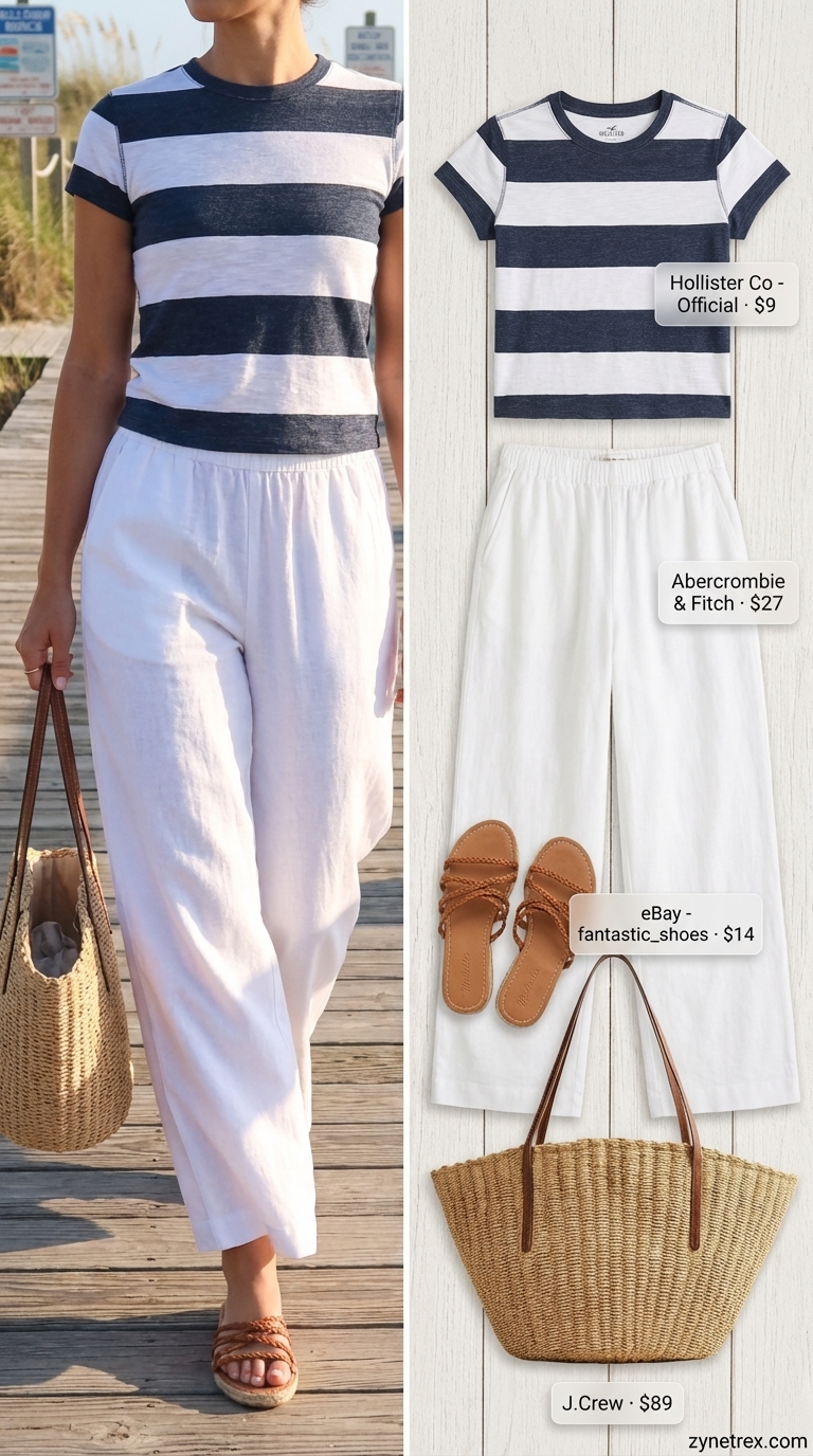 Coastal Chic Brunch: Summer Wide Leg Pants Outfits 2026 Effortless ivory linen wide leg pants outfit for women 2026, with a navy striped top and straw tote, great for brunch or daytime events.