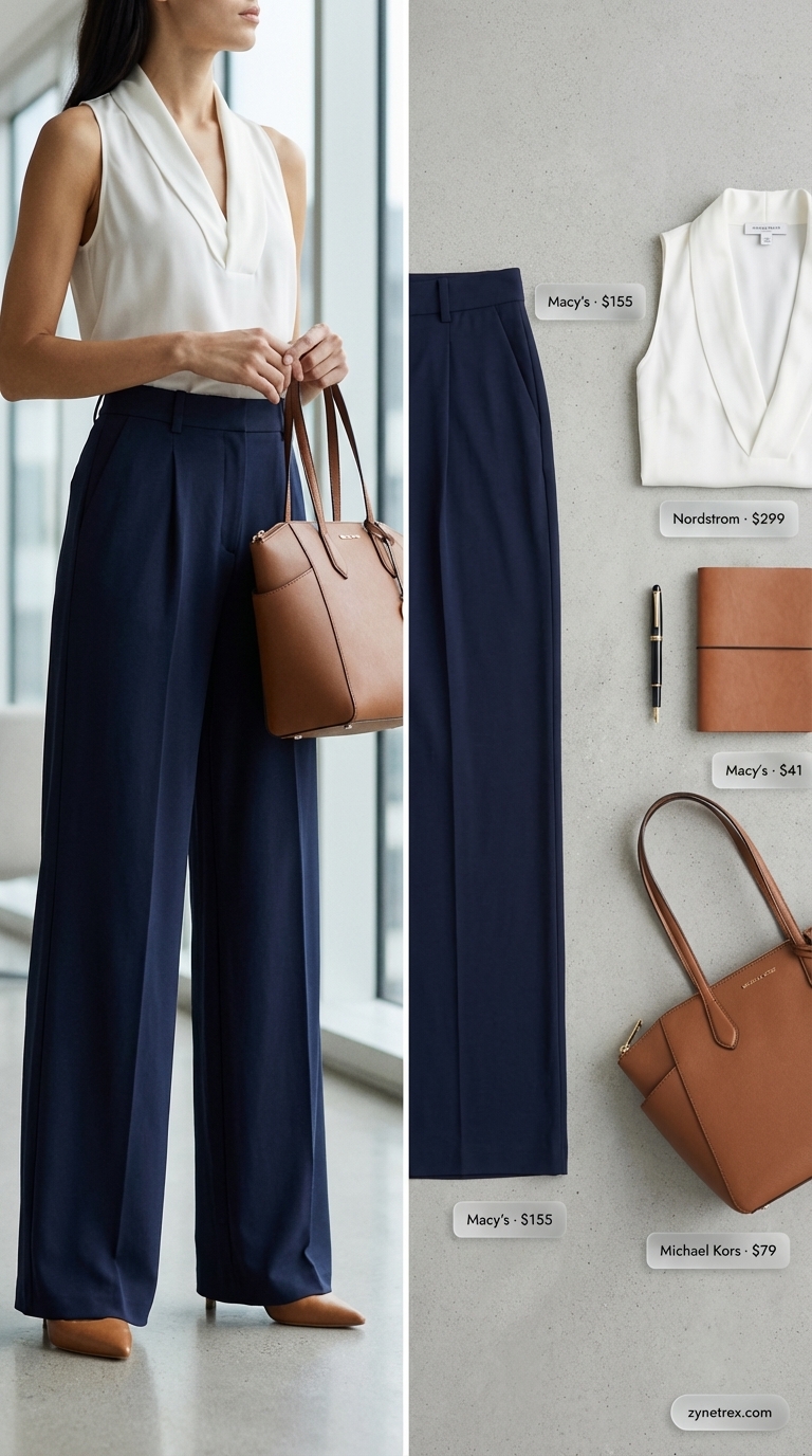 Power Dressing: Summer Wide Leg Pants 2026 Polished navy wide leg pleated trousers with a crisp white silk blend sleeveless blouse, tan pumps, and a structured tote bag for a professional look. Excellent summer wide leg pants outfits for women 2026 for the office.