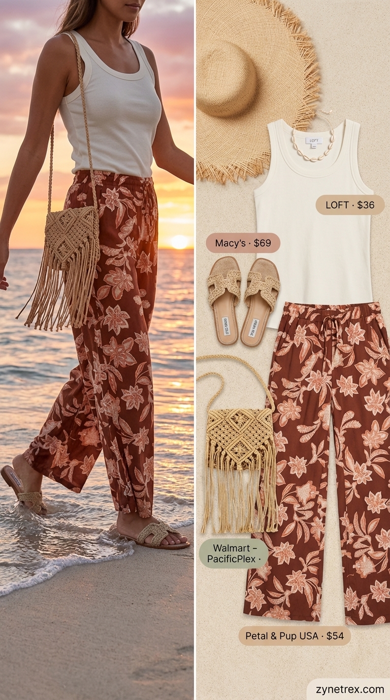 Boho Beach Day Summer Wide Leg Pants Outfit 2026 Boho chic summer wide leg pants outfits for women 2026. Terracotta and cream printed wide leg pants with a cream tank top, raffia sandals, and a macrame bag for a relaxed beach day.