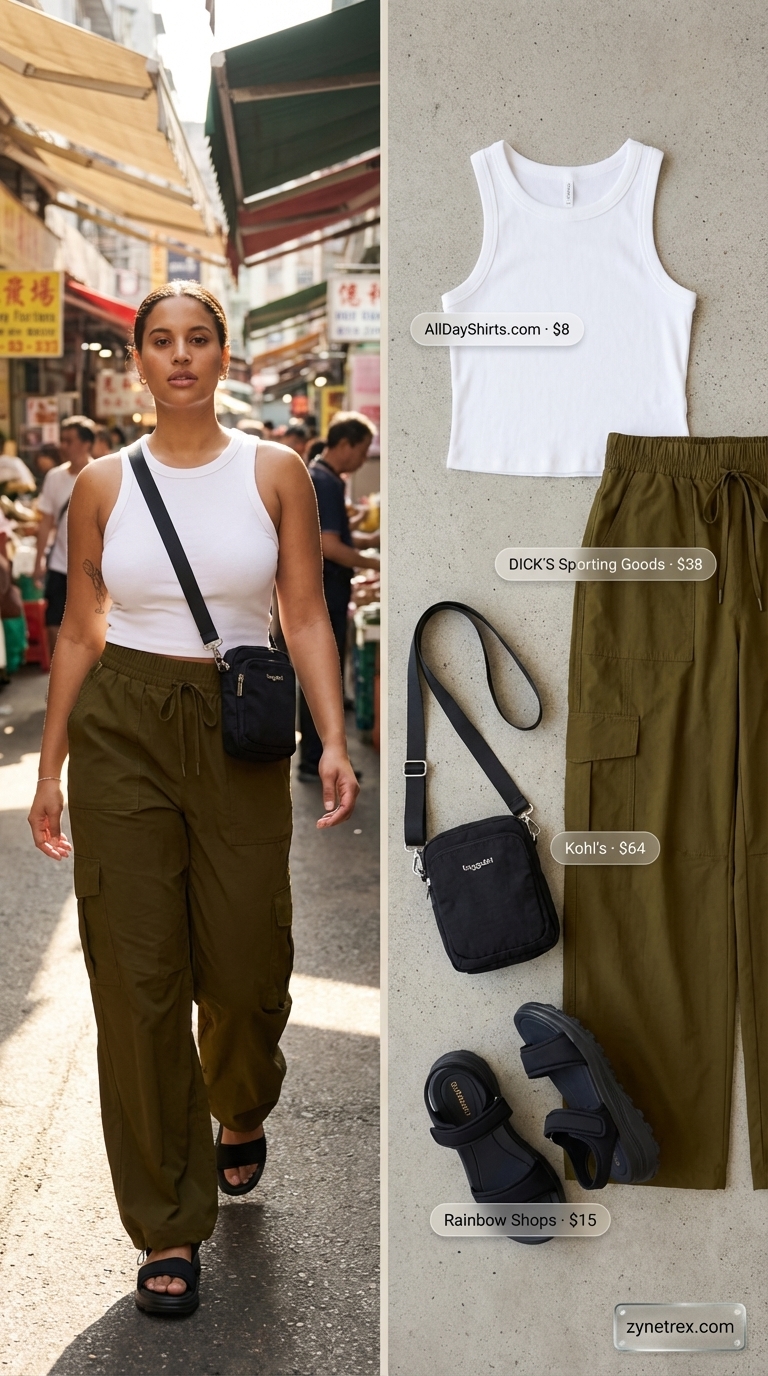 Urban Safari Summer Wide Leg Pants Outfit 2026 Urban Safari Explorer summer wide leg pants outfits for women 2026. Olive green cargo wide leg pants with a white racerback tank and chunky black platform sandals for a city adventure.