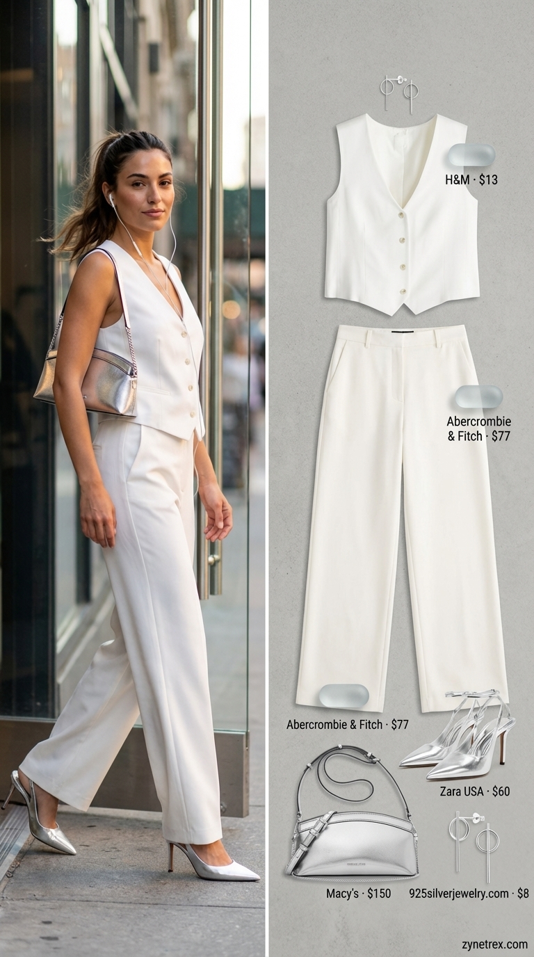 Minimalist Chic: Summer Wide Leg Pants 2026 Modern minimalist white wide leg trousers with a matching tailored vest, silver slingback heels, and a structured silver shoulder bag. A stylish example of summer wide leg pants outfits for women 2026 for an art gallery.