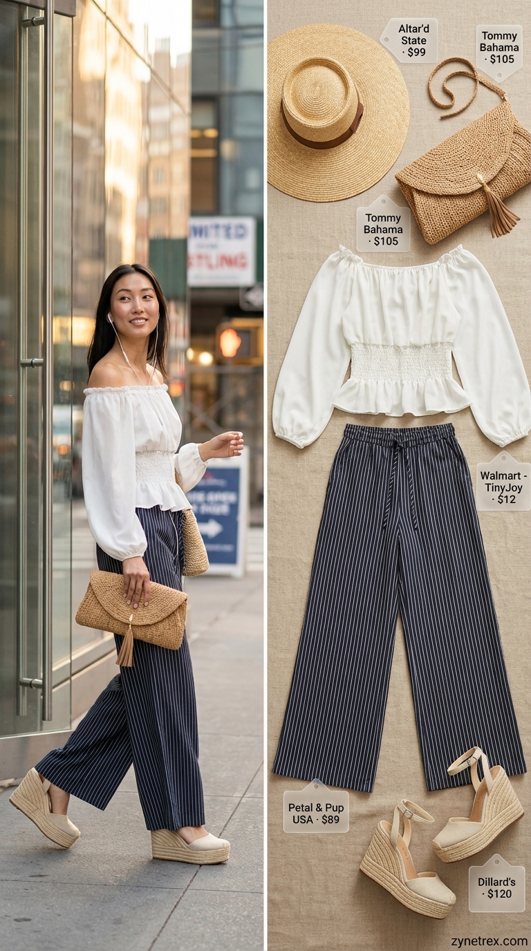 Chic Vacation: Summer Wide Leg Pants Outfits 2026 Chic Mediterranean resort look featuring navy and white striped wide leg pants, a white off-shoulder top, jute espadrille wedges, and a straw hat. Perfect summer wide leg pants outfits for women 2026 vacation dinner.
