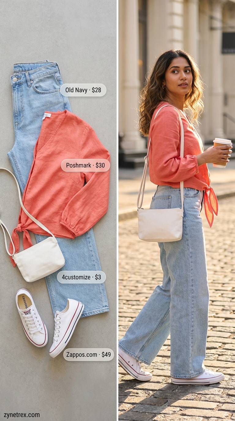 Weekend Vibes: Summer Wide Leg Pants Outfits 2026 Casual light wash denim wide leg jeans with a coral cropped tie-front blouse, white canvas sneakers, and a canvas crossbody bag. A relaxed approach to summer wide leg pants outfits for women 2026 for a weekend outing.