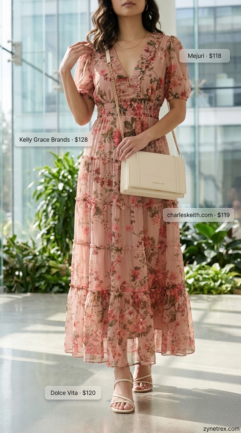 Feminine summer office outfit for women 2026 featuring a dusty rose floral tiered maxi dress, cream flat sandals, dainty gold hoop earrings, and a small cream shoulder bag for a comfortable, artistic work ensemble.