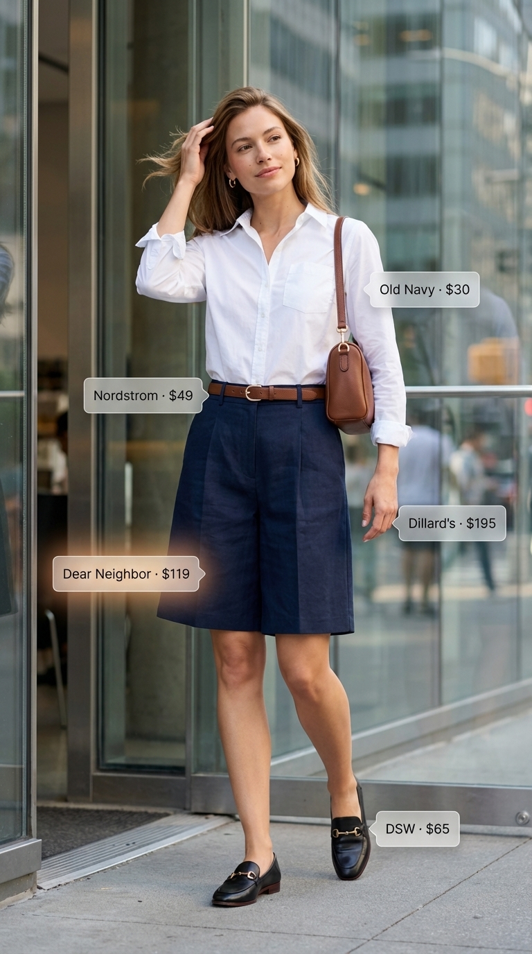 Sharp and polished summer office outfit for women 2026 featuring navy tailored Bermuda shorts, a crisp white button-down shirt, brown leather loafers, brown belt, and a tan satchel, perfect for smart casual Fridays and business lunches.