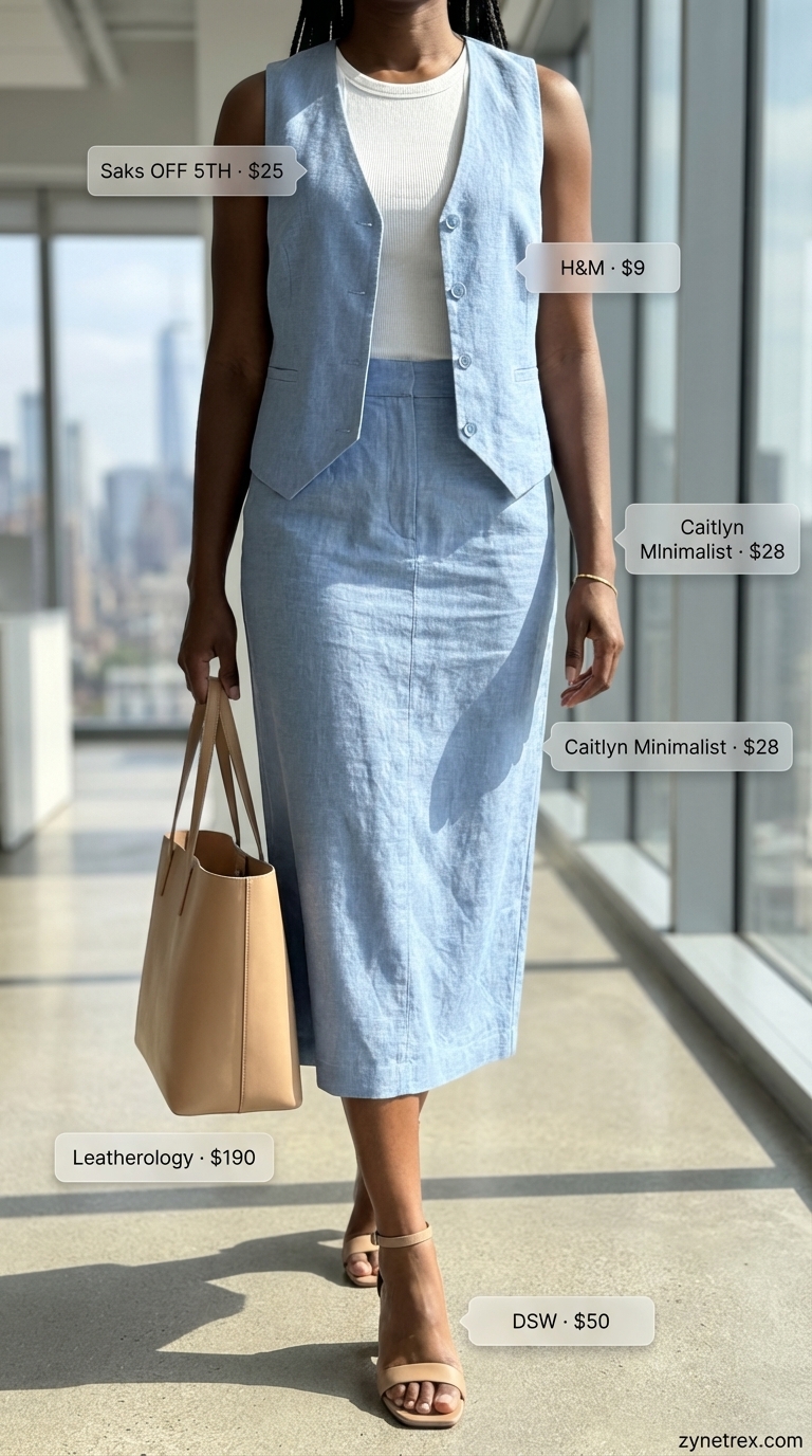 Polished and modern summer office outfit for women 2026 featuring a light blue linen blend tailored vest and wide-leg trousers, a white ribbed tank, nude block-heel sandals, a tan tote bag, and a delicate gold bracelet, ideal for business casual events.