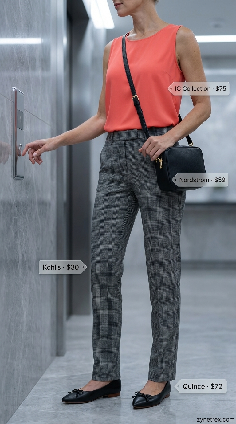 A classic grey plaid tailored cigarette trousers and a coral knit top create a smart summer office outfit for women 2026, paired with black ballet flats, a faux leather crossbody, and silver stud earrings, ideal for business casual.