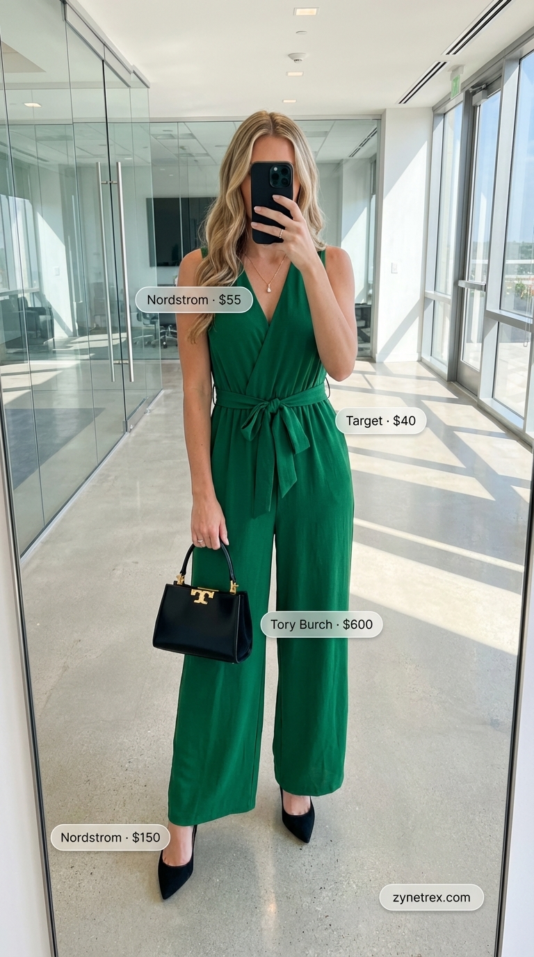 An authoritative emerald green tailored wide-leg jumpsuit, a powerful summer office outfit for women 2026, paired with black suede pumps, a structured satchel, and a delicate gold pendant necklace.
