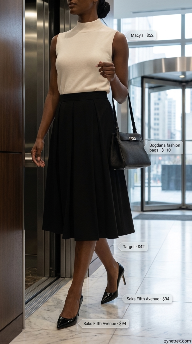A sophisticated cool & collected chic summer office outfit for women 2026 featuring a black A-line midi skirt, ivory mock-neck top, black pumps, and silver stud earrings, ideal for a client lunch.