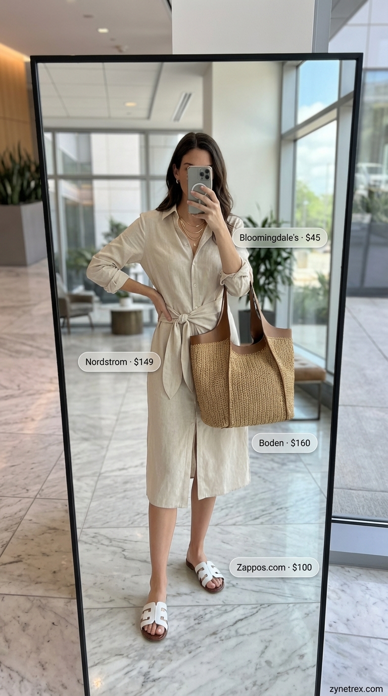 A relaxed professional sand beige linen collared shirt dress, a stylish summer office outfit for women 2026, with white slide sandals, a straw tote, and layered gold necklaces, perfect for a business lunch.