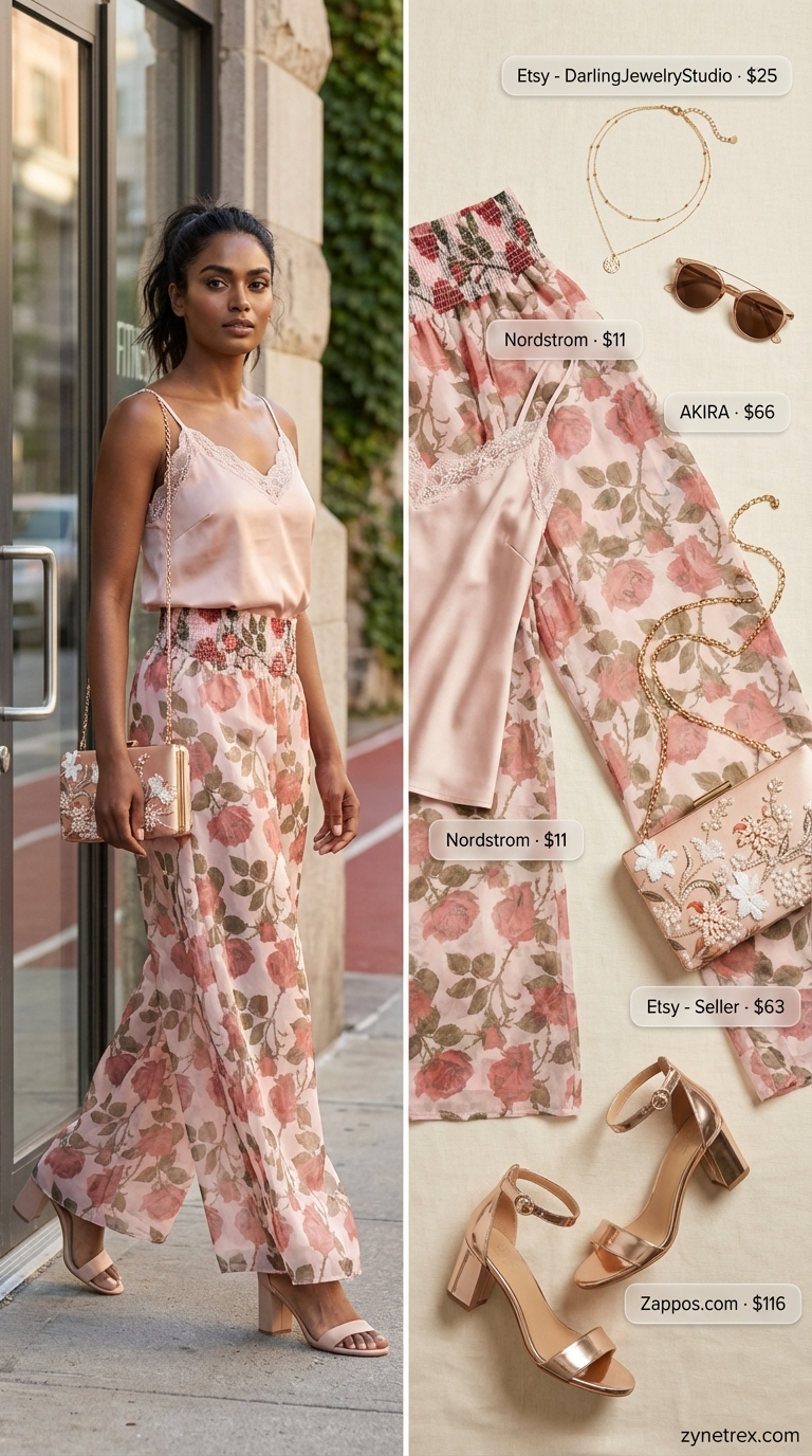 Romantic Garden Party: Summer Wide Leg Pants Outfits 2026 Feminine blush pink floral wide leg pants outfit for women 2026 with a cream lace camisole, perfect for a garden party or summer wedding guest.