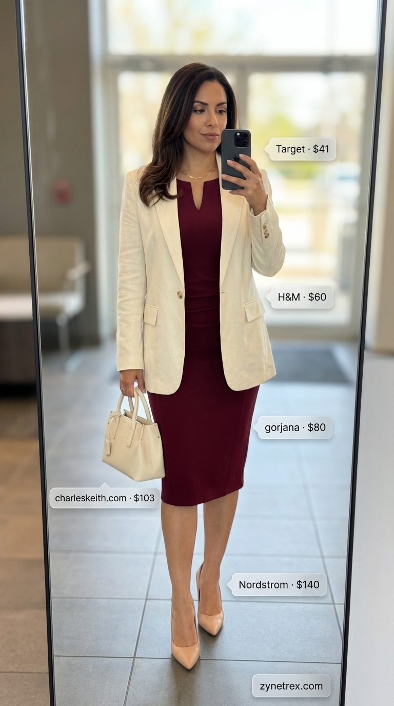 Classic and authoritative summer office outfit for women 2026 with a burgundy ponte knit sleeveless sheath dress, a cream linen blend blazer, nude pointed-toe pumps, a cream satchel, and delicate gold chain necklace, perfect for board meetings.