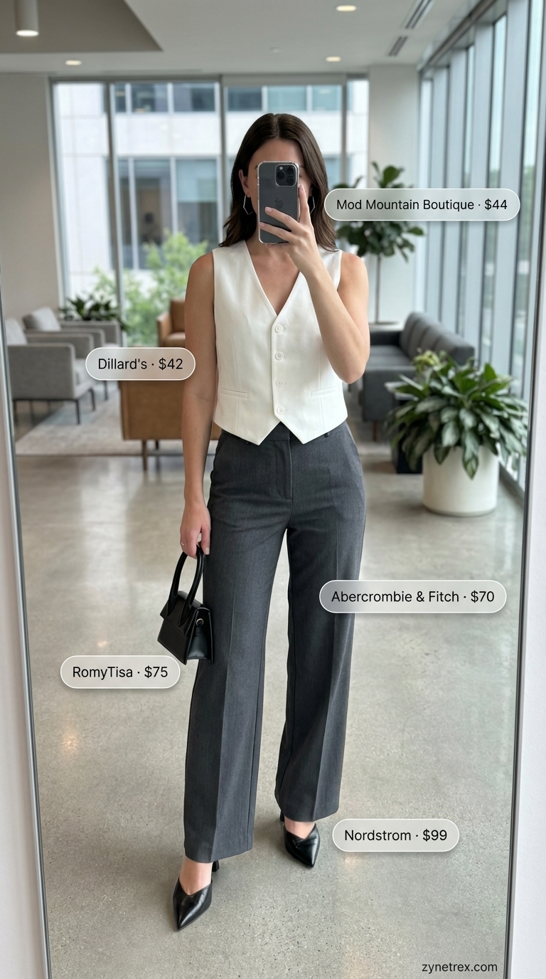 Modern charcoal grey wool vest worn as a top with matching wide-leg trousers, a sharp summer office outfit for women 2026. Black mules and geometric accessories create a confident work look.