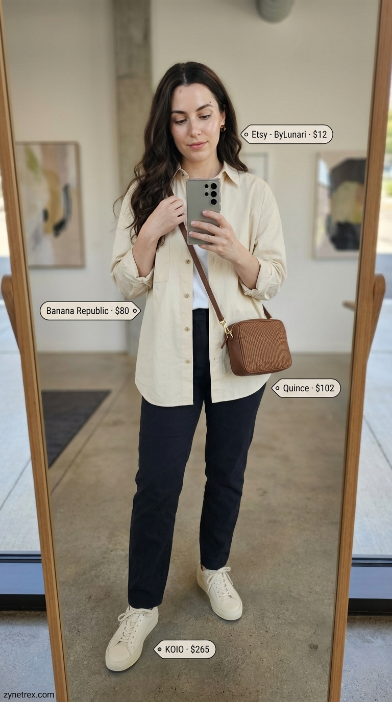 Contemporary olive green linen blend tailored pants with a relaxed white cotton button-down shirt, a comfortable summer office outfit for women 2026. White sneakers and a woven bag give a smart casual feel.