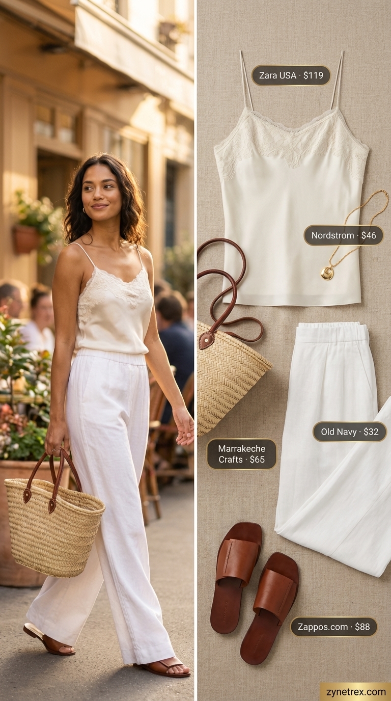 Coastal Chic Summer Wide Leg Pants 2026 Breezy ivory linen wide leg pants outfits for women 2026. Paired with a delicate beige camisole, tan leather sandals, and a woven straw tote for a chic coastal brunch.