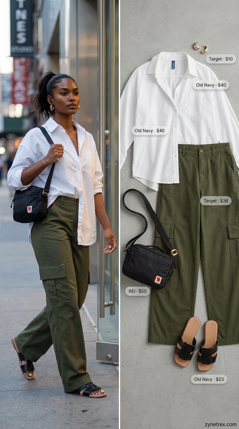 City Safari Explorer: Summer Wide Leg Pants Outfits 2026 Utility chic olive green wide leg cargo pants outfit for women 2026, styled with a white button-down, black slides, perfect for city exploration.
