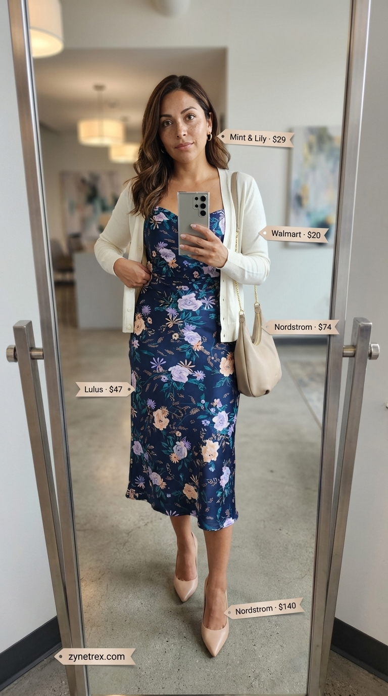 Creative and feminine summer office outfit for women 2026 featuring a navy multi-color floral print satin midi slip dress, a lightweight navy knit cardigan, nude block heel pumps, a nude shoulder bag, and delicate gold hoop earrings, perfect for a creative office setting or brainstorming session.