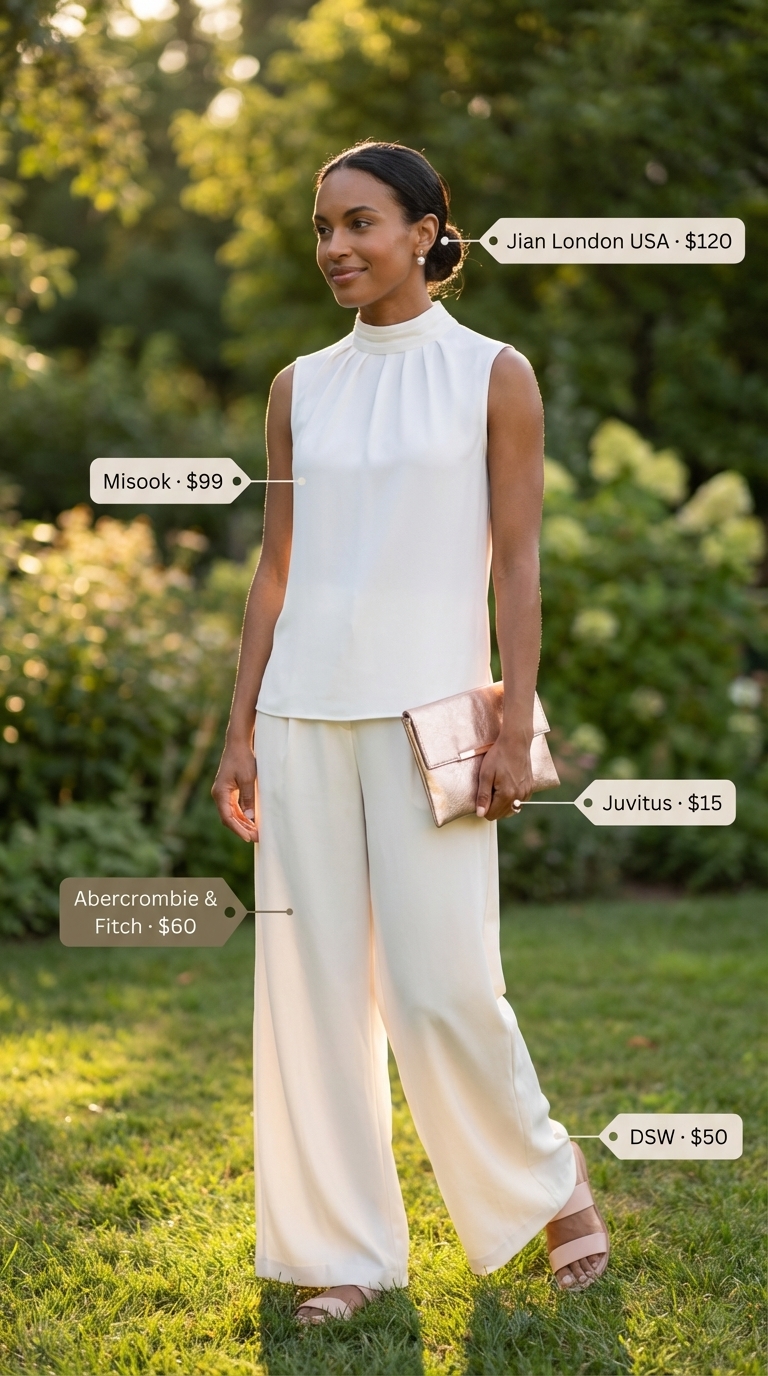 Garden Party Glam: Summer Wide Leg Pants 2026 Elegant pale pink crepe wide leg tailored trousers with a white high-neck sleeveless blouse, nude block heel sandals, and a rose gold clutch. A graceful option for summer wide leg pants outfits for women 2026 for a garden party.