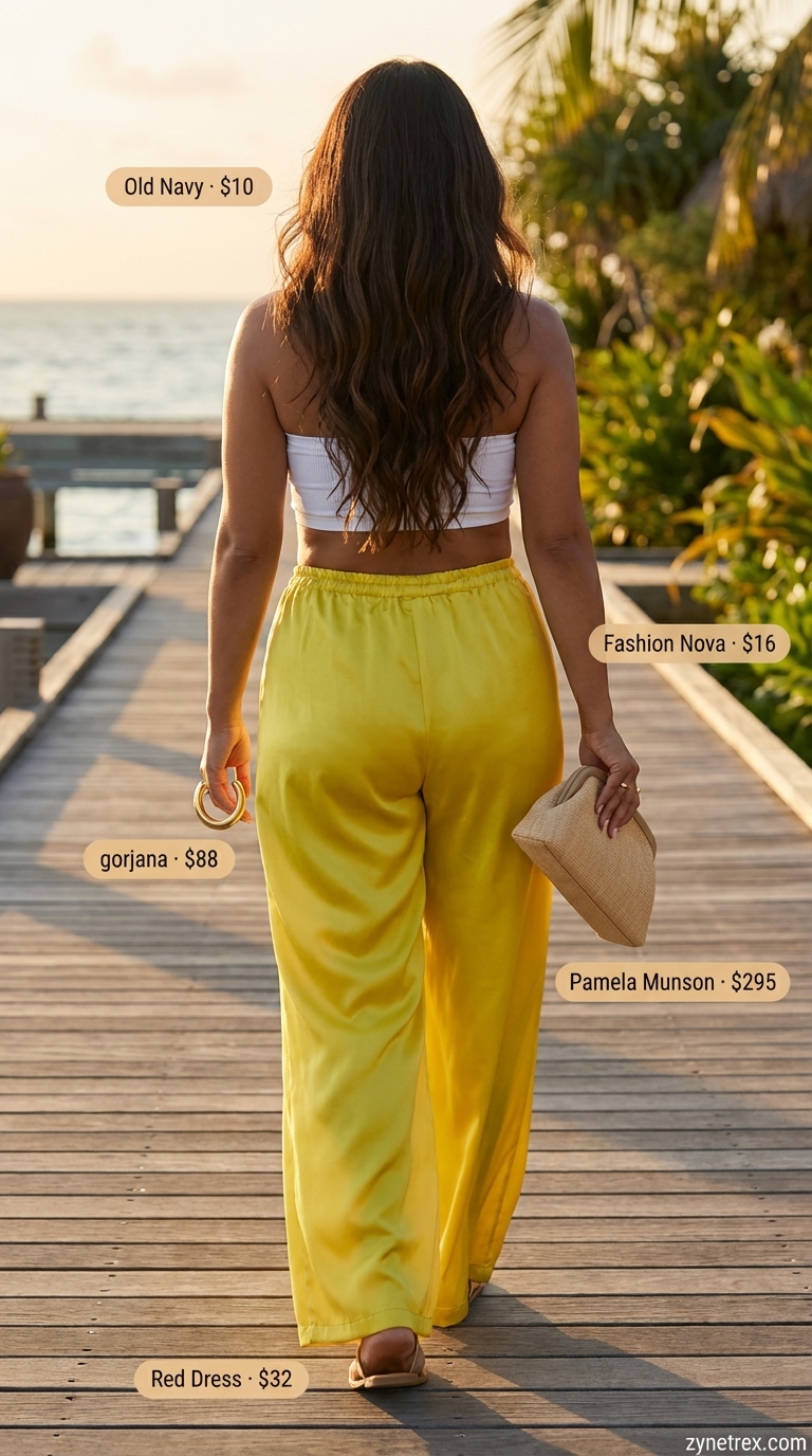 Vacation Glam: Summer Wide Leg Pants Outfits 2026 Vibrant yellow wide leg pants outfit for women 2026, styled with a white bandeau, gold hoops, and metallic sandals, perfect for vacation.