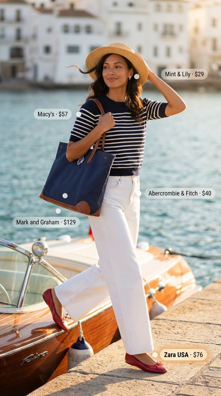 Effortless Riviera Day: Summer Wide Leg Pants Outfits 2026 Classic white denim wide leg pants outfit for women 2026, with a navy striped knit top and red ballet flats, ideal for a relaxed day out.