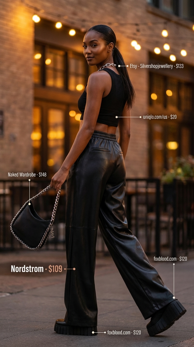 Concert Ready: Summer Wide Leg Pants Fits 2026 Modern black faux leather wide leg pants styled with a fitted ribbed crop top, platform combat boots, and a silver chain necklace. A perfect summer wide leg pants outfits for women 2026 for a concert or night out.