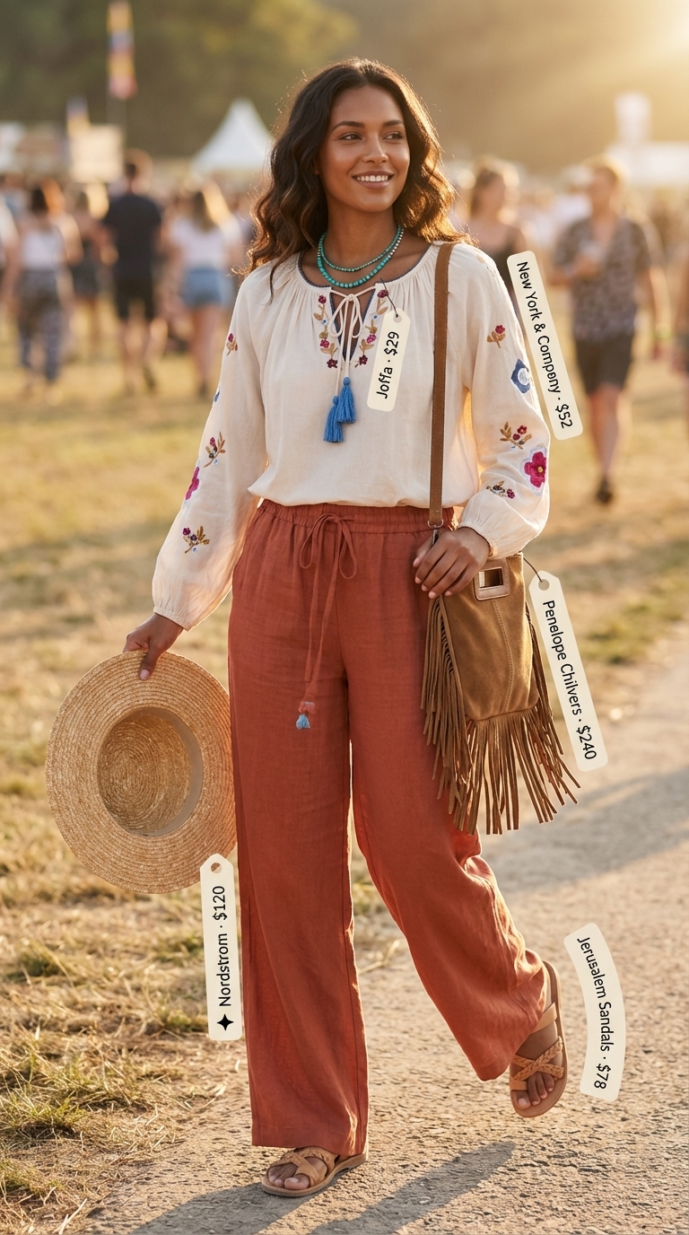 Boho Festival Vibes: Summer Wide Leg Pants Outfits 2026 Bohemian earth-tone wide leg pants outfit for women 2026, with an off-white peasant blouse and layered turquoise necklaces for festivals.