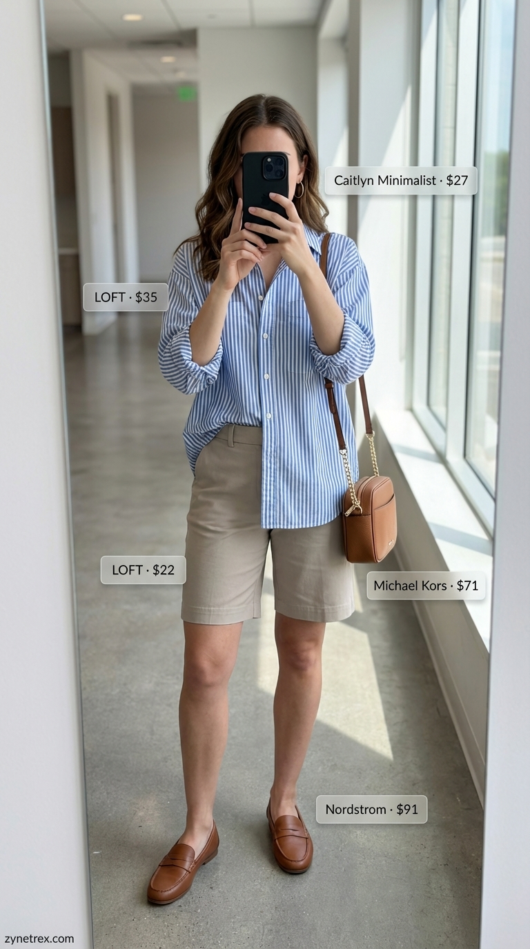 Effortless summer office outfit for women 2026 with an oversized light blue striped button-down shirt and white tailored Bermuda shorts. Cognac loafers and a brown crossbody bag create a preppy, smart casual look.