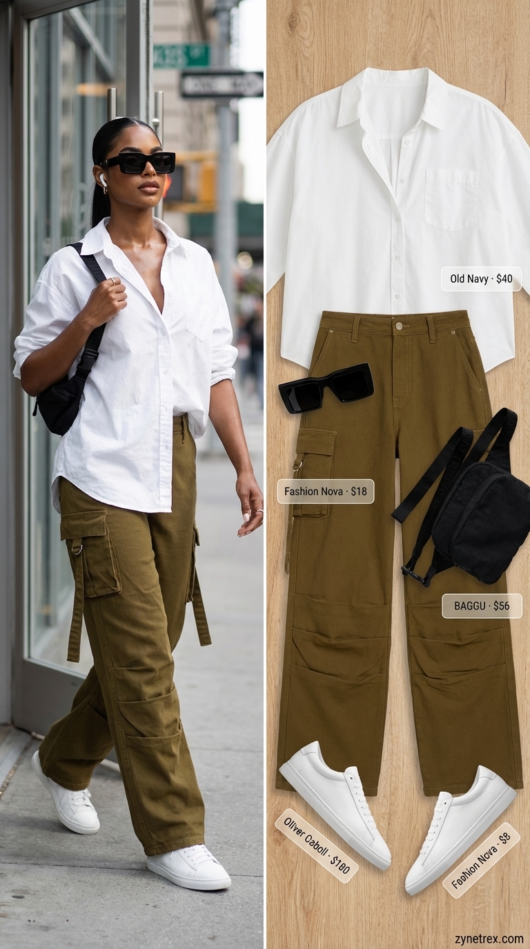 Chic Urban Safari Summer Wide Leg Pants 2026 Stylish urban safari wide leg pants outfits for women 2026. Olive green cargo wide leg pants, oversized white button-down, white sneakers, and a black belt bag for a chic city exploration.