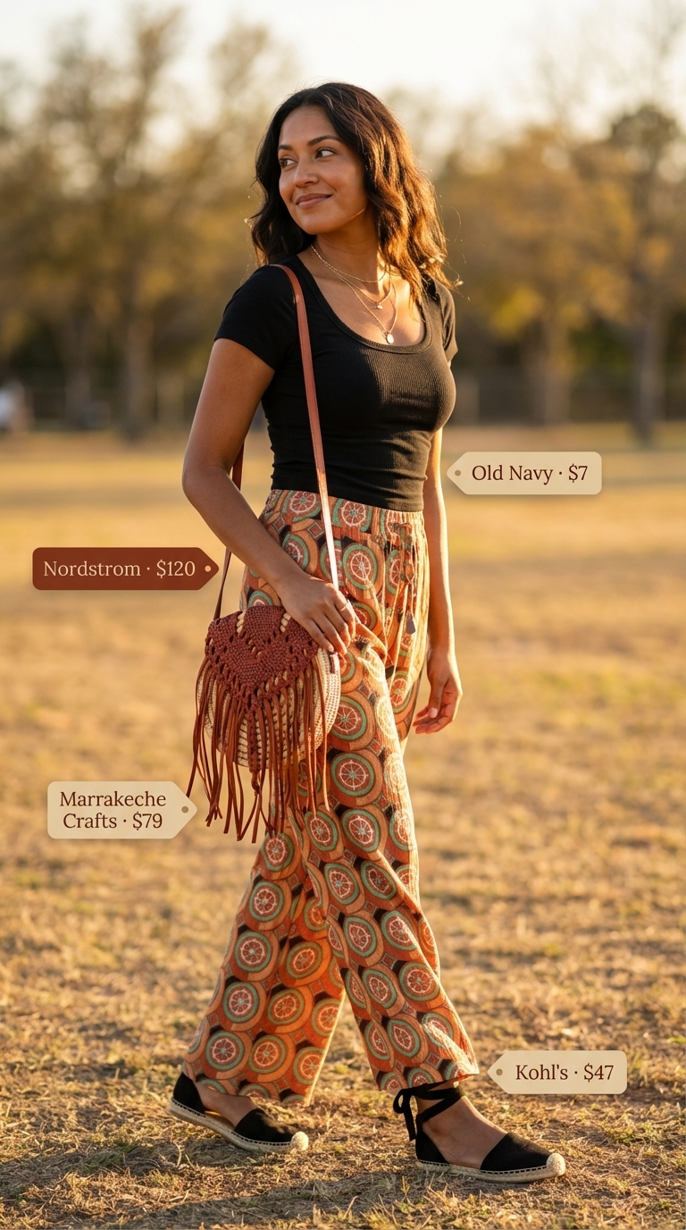 Boho Sunset Vibes: Summer Wide Leg Pants Outfits 2026 Bohemian terracotta print wide leg pants outfit for women 2026, paired with a black crop top and espadrille sandals for a casual soirée.