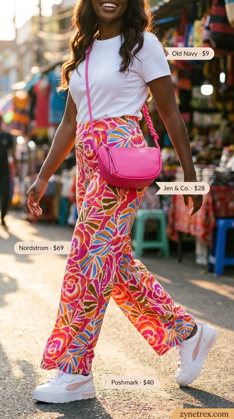 Vibrant Style: Summer Wide Leg Pants Outfits 2026 Vibrant floral print wide leg pants styled with a classic white t-shirt, pink mini crossbody bag, and white platform sneakers with pink accents. A playful take on summer wide leg pants outfits for women 2026. Perfect for a festival.