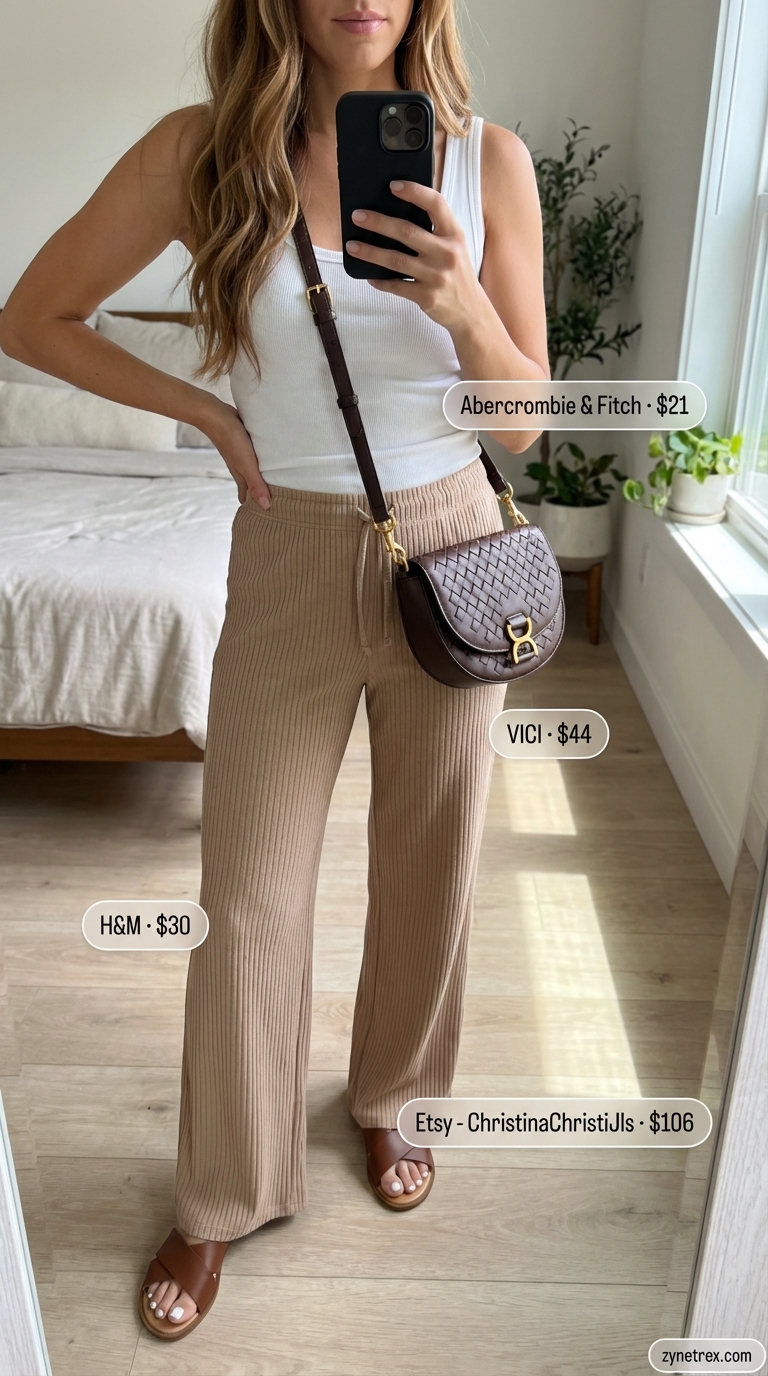 Sunny Day Comfort Wide Leg Pants 2026 Comfortable tan ribbed knit wide leg pants outfits for women 2026. Paired with a white scoop neck tank, brown leather slide sandals, and a woven crossbody bag for a relaxed day out.
