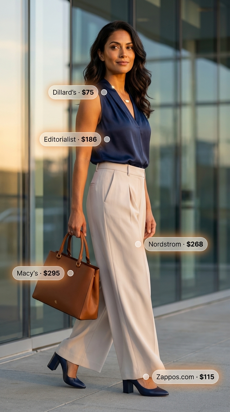 Elegant Workwear: Summer Wide Leg Pants 2026 Elegant light beige crepe wide leg tailored trousers with a navy silk blend sleeveless blouse, navy pumps, and a tan top-handle satchel. A sophisticated choice for summer wide leg pants outfits for women 2026 for business casual.