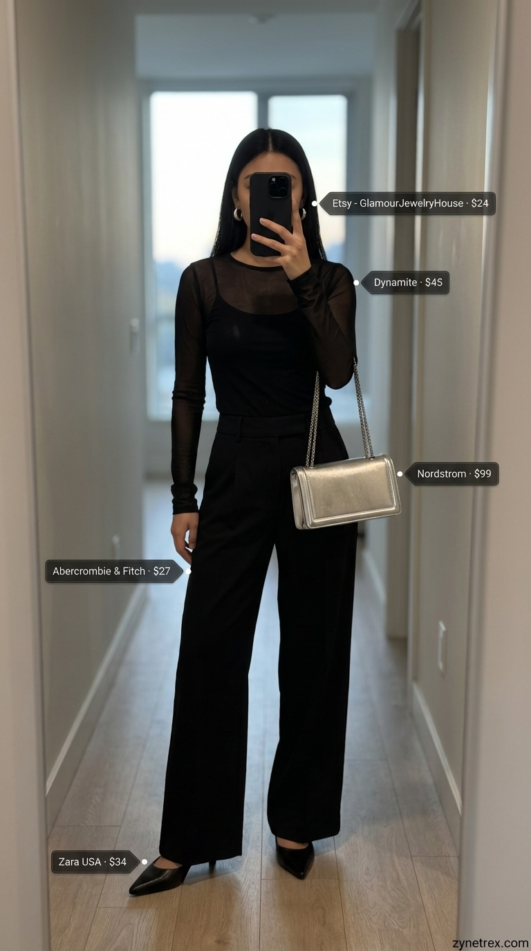 Evening Edge: Summer Wide Leg Pants Outfits 2026 Edgy black and silver evening look with high-waisted black wide leg trousers, a sheer mesh top, metallic mules, and a silver shoulder bag. An ideal option for summer wide leg pants outfits for women 2026 for a date night.