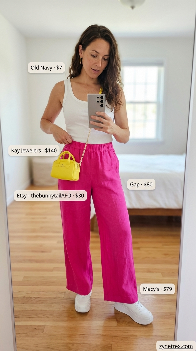 Bold Brunch Summer Wide Leg Pants Outfit 2026 Bold fuchsia linen blend wide leg pants outfits for women 2026. Paired with a white ribbed tank top, white platform sneakers, and a yellow crossbody bag for a fun brunch look.