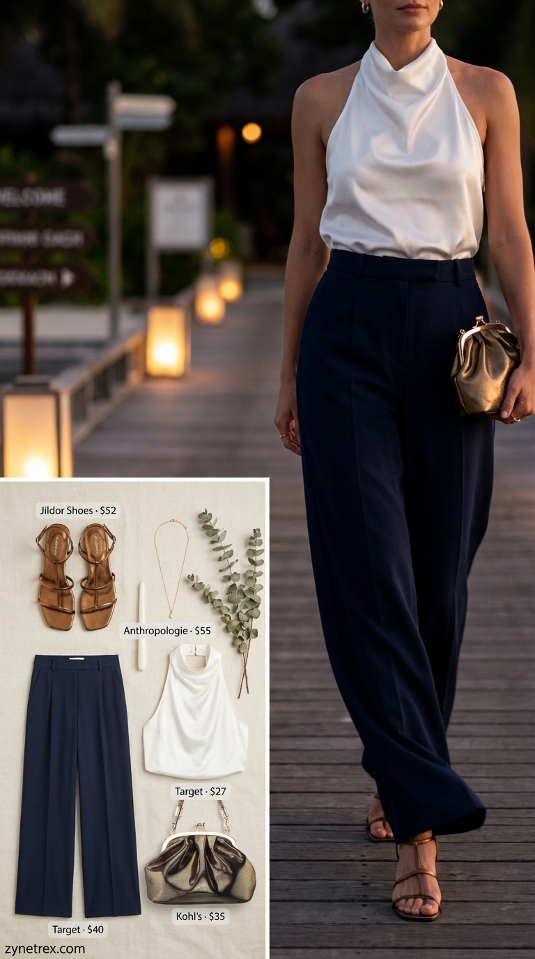Relaxed Resort Summer Wide Leg Pants Outfit 2026 Elegant navy Tencel wide leg trouser outfits for women 2026. Paired with a white satin halter top, bronze metallic sandals, and a delicate gold necklace for a relaxed resort evening.