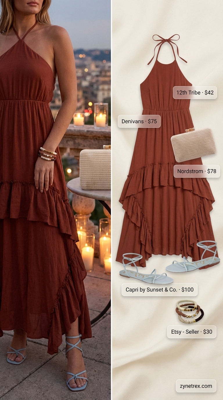 Relaxed bohemian outfit for date night outfits summer 2026, including a terracotta tiered maxi dress, woven straw clutch, and gold strappy sandals.