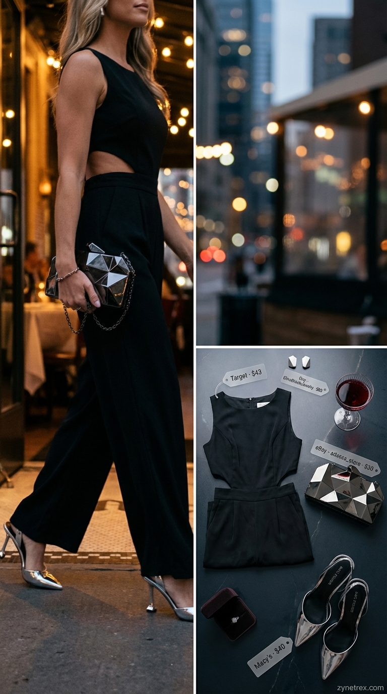 Modern and edgy black wide-leg jumpsuit with a side cutout, paired with metallic silver pointed-toe heels and a black geometric clutch, ideal for date night outfits summer 2026 at a gallery opening.