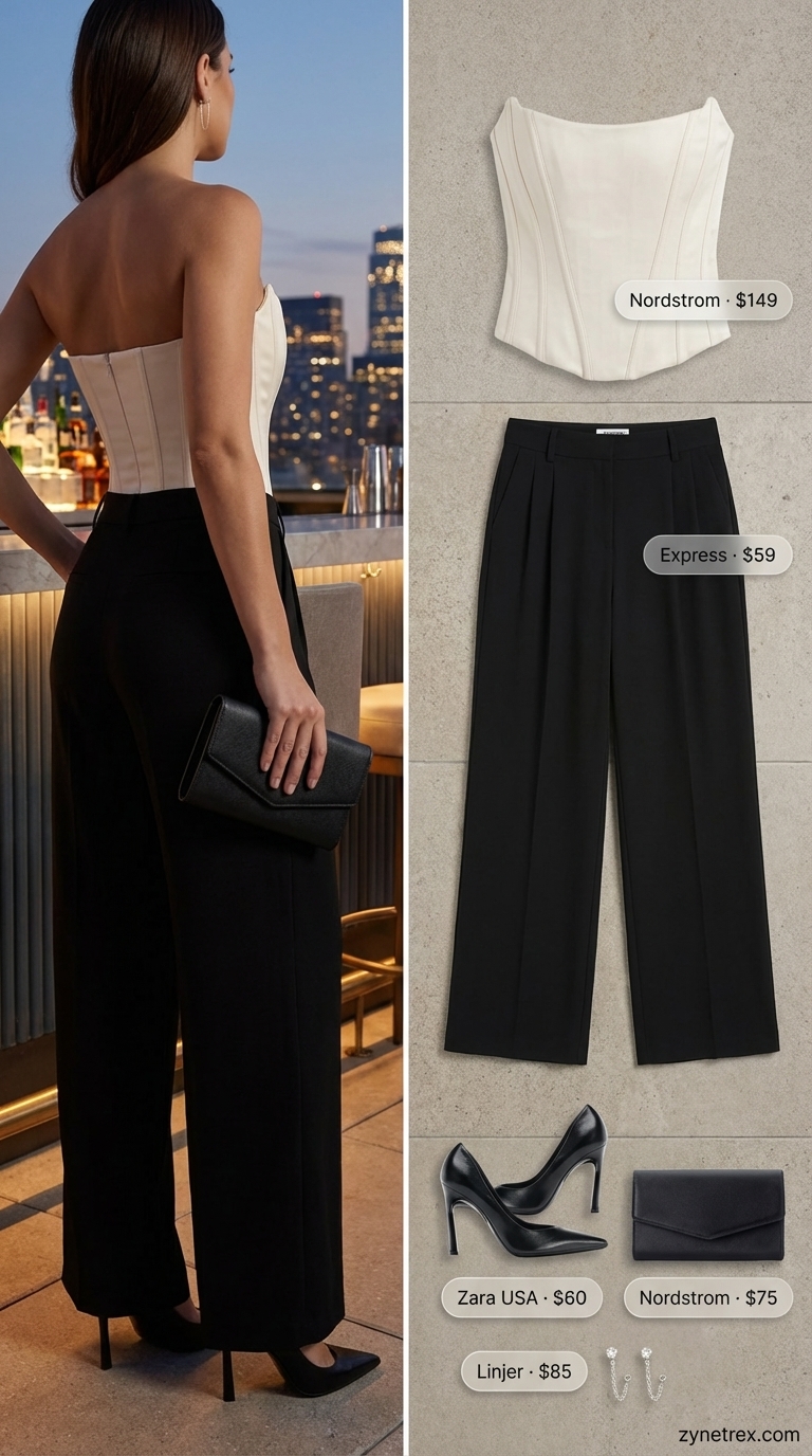 Sophisticated black and cream date night outfits summer 2026 with high-waisted trousers, a structured corset, stiletto heels, and simple silver earrings.