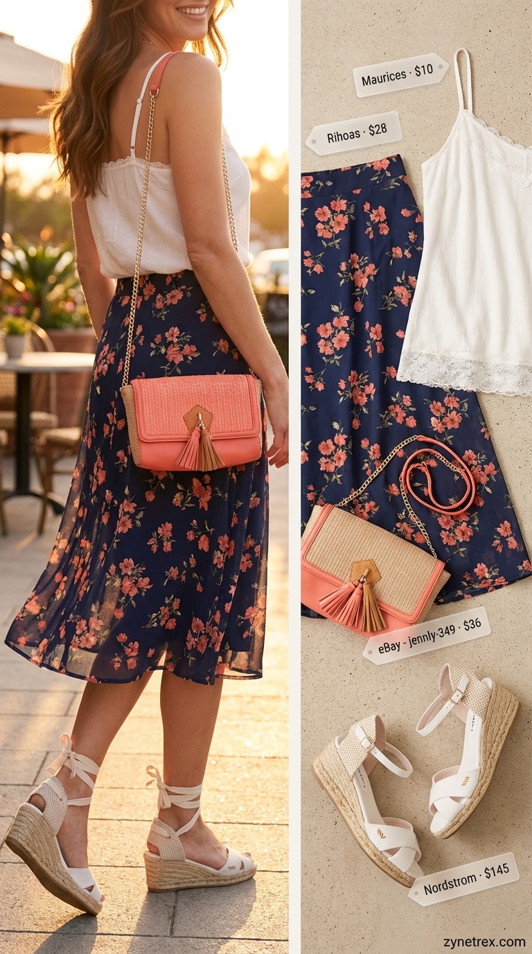 Playful garden patio date night outfits summer 2026 with a navy floral mini skirt, white lace camisole, coral woven bag, and espadrille wedges.