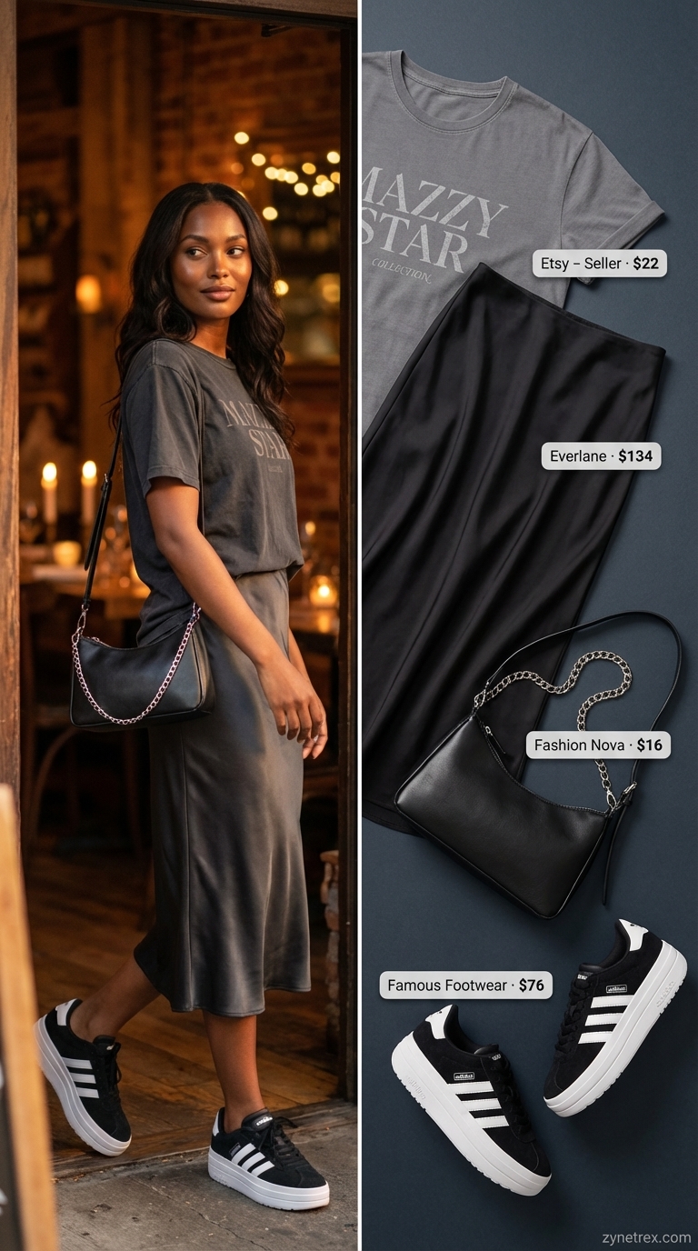 Cool and edgy date night outfits summer 2026: a vintage-inspired graphic band tee tucked into a charcoal satin bias-cut midi skirt, paired with chunky platform sneakers and a black crossbody bag.