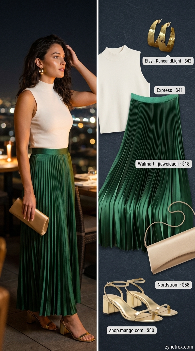 Elegant emerald green pleated maxi skirt and ivory knit top, breezy date night outfits for summer 2026. Great for a dinner cruise.